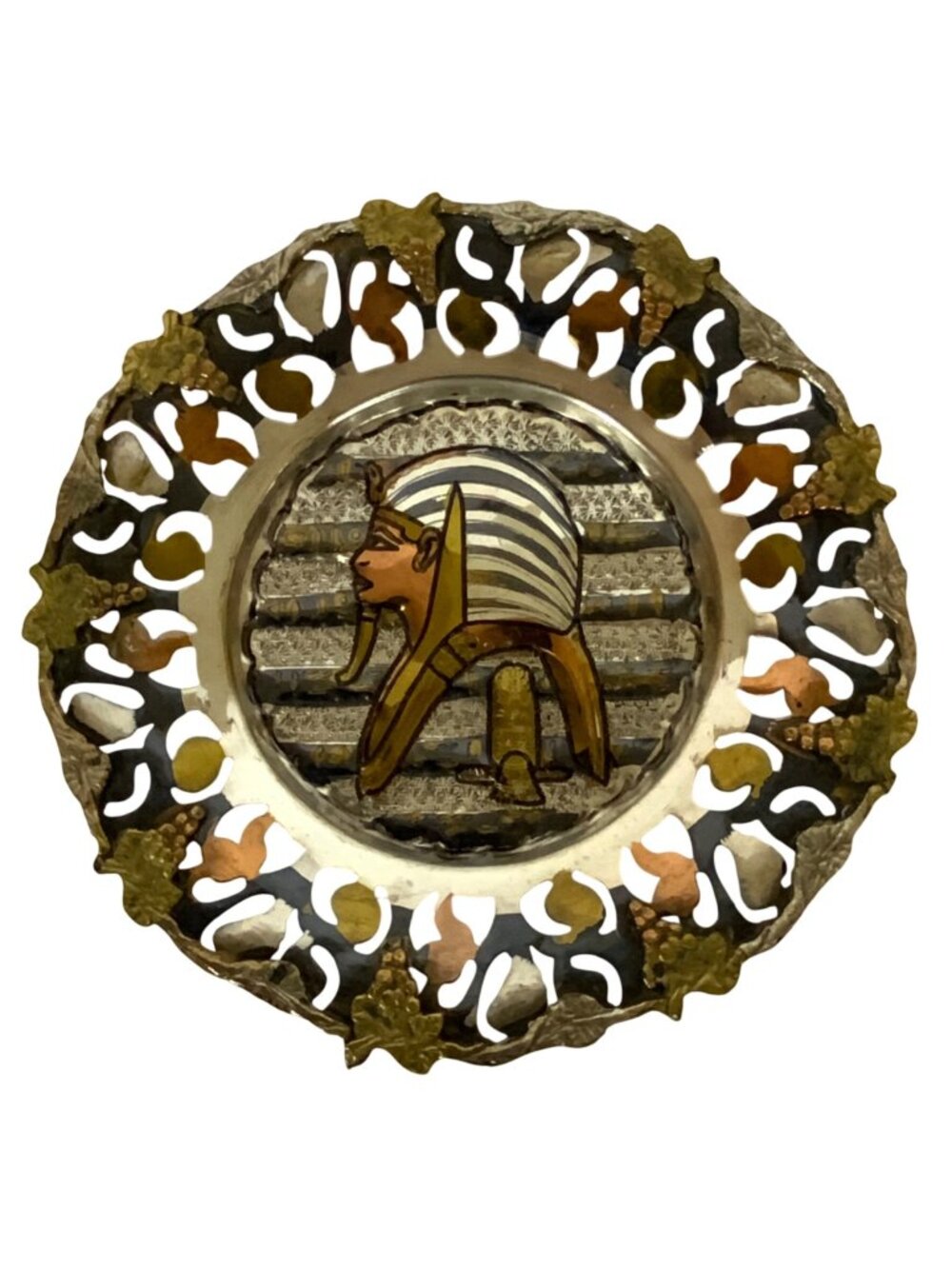 Decorative Egyptian Pharaoh Metal Plate Intricate Cut-Out Design Gold Accents